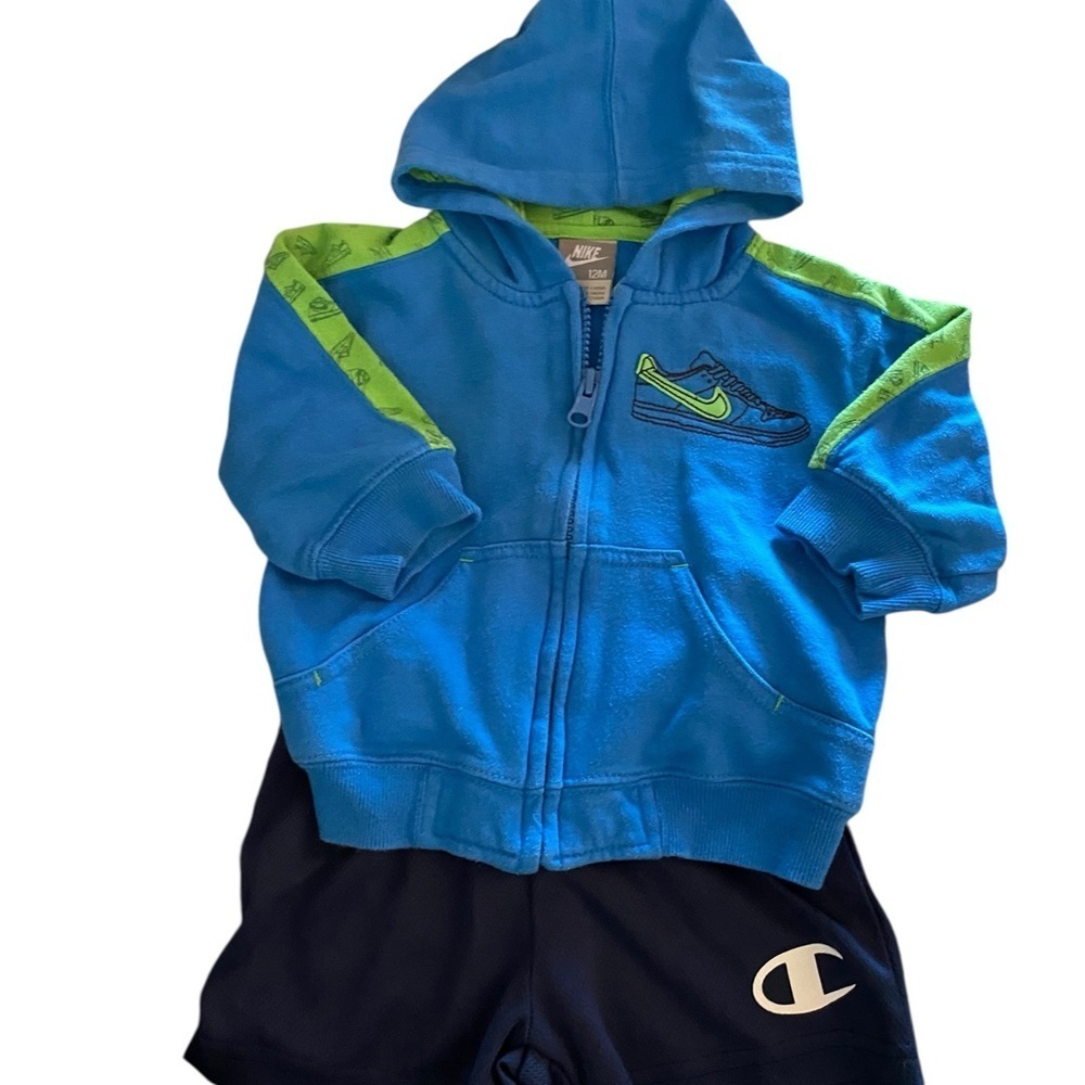 Nike Kids Vibrant Blue Hoodie Green Accents & Champion Athletic shorts bundle